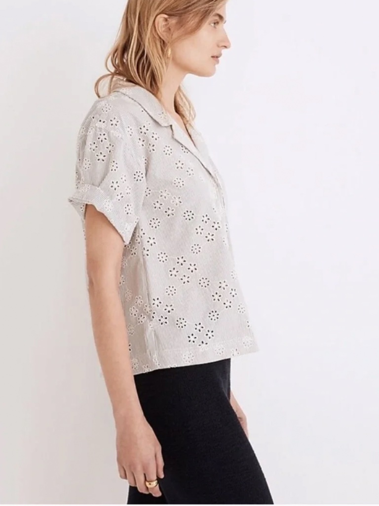 Madewell Gray Striped Eyelet Button-Front Short Sleeve Shirt - Kids